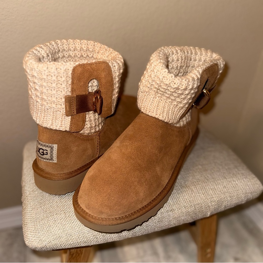 UGG Tan Ankle Boots with Cream Knit Cuff
